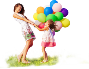 Beautiful happy mother with daughter with colorful balloons
