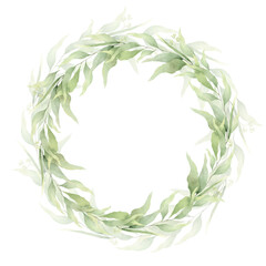A round frame made of green branches and leaves. A wreath of foliage. Hand-drawn illustration. For wedding invitations, postcard design and stationery.
