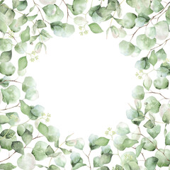 Obraz premium A round frame made of green branches and eucalyptus leaves. A wreath of eucalyptus. Hand-drawn illustration. For wedding invitations, postcard design and stationery.