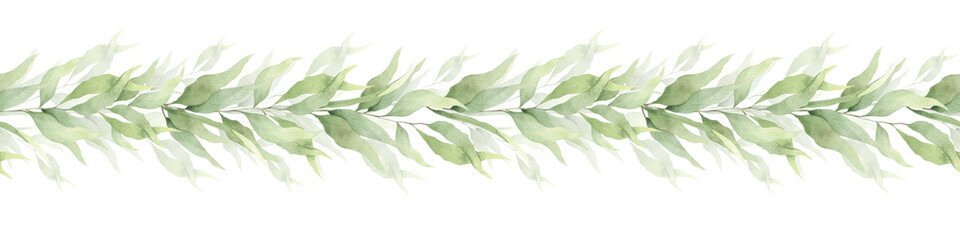 Obraz premium Green leaf seamless border. Watercolor floral illustration. Background for wedding invitations, greetings, wallpapers, postcards