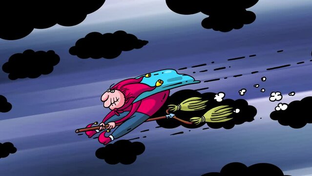 Red witch on whisk broom flying on clouds background. Cartoon crazy doodle character. Seamless loop.