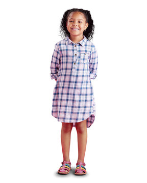 Portrait of a happy African girl, wearing a pretty dress and smiling with beautiful curly hair. Biracial child posing, feeling proud and isolated on a transparent, png background