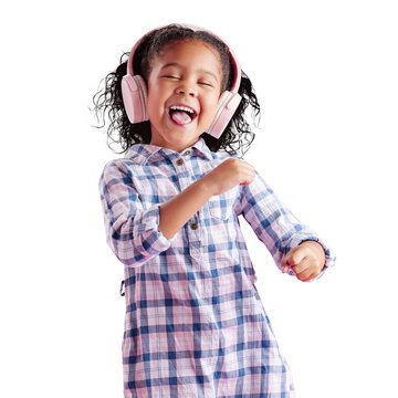 Happy African girl, wearing headphones and listening to music with beautiful curly hair to celebrate. Biracial child singing to her favourite song and isolated on a transparent, png background