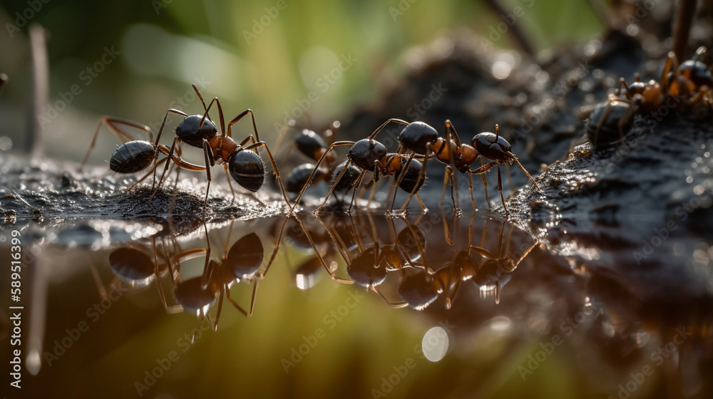 Sticker Ants swimming in a puddle of water Generative AI