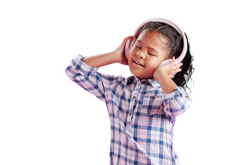A happy African girl, wearing headphones and listening to music with curly hair to celebrate. Biracial child dancing, singing to her favourite song and isolated on a transparent, png background