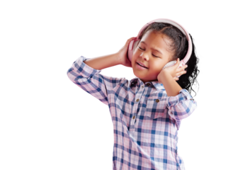 A happy African girl, wearing headphones and listening to music with curly hair to celebrate. Biracial child dancing, singing to her favourite song and isolated on a transparent, png background