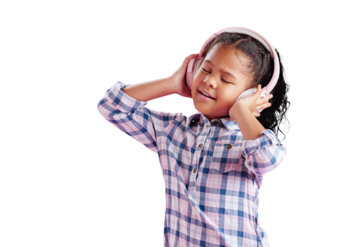 A happy African girl, wearing headphones and listening to music with curly hair to celebrate. Biracial child dancing, singing to her favourite song and isolated on a transparent, png background - Powered by Adobe