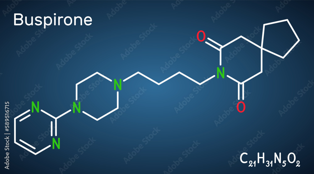 Sticker buspirone molecule. it is anxiolytic drug for treatment of anxiety, depression. structural chemical 