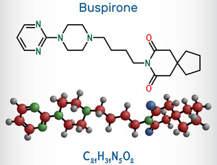 Buspirone molecule. It is anxiolytic drug for treatment of anxiety, depression. Structural chemical formula and molecule model. © bacsica