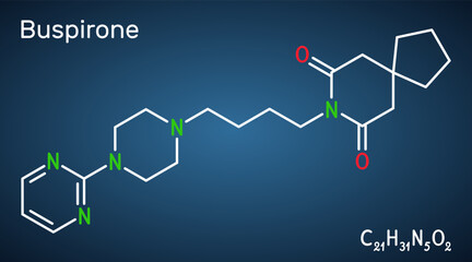 Buspirone molecule. It is anxiolytic drug for treatment of anxiety, depression. Structural chemical formula on the dark blue background.