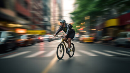 Fototapeta na wymiar A cyclist riding at high speed down a busy city street. Generative AI.