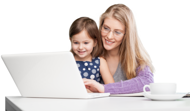 Happy busy mother working with a child on laptop - Powered by Adobe