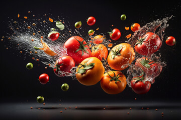 red tomatoes in splash of water on a black background. fresh vegetables. generative ai, 
