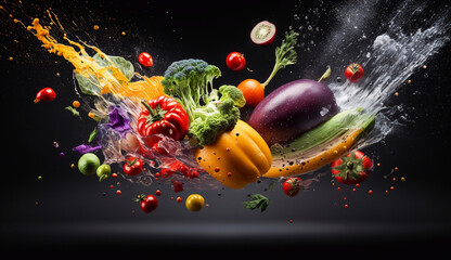 different types of vegetables splashing water on a black background. diet. healthy vegetables. generative ai, 