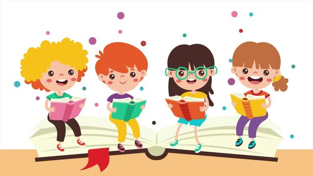 Cartoon Animation Of Children Reading Book