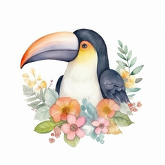 Cute watercolor toucan bird. Illustration Generative AI.
