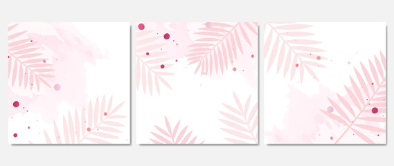 Square vector templates with pink watercolor, palm tropical leaves and texture. Design for cards, banners, invitations, posters, discounts, wedding