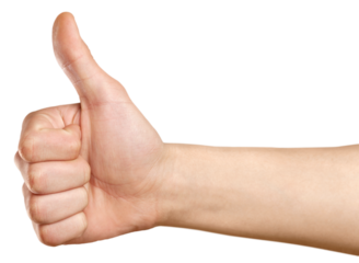 Closeup of male hand showing thumbs up sign against white background