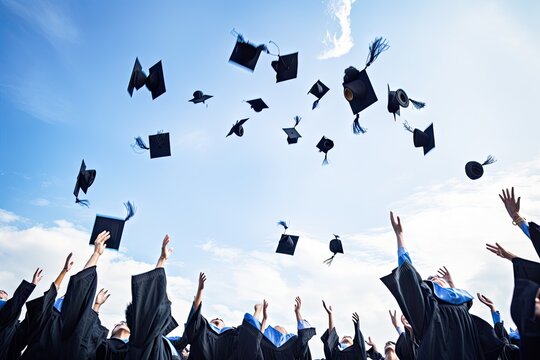 graduate caps are tossed up against the sky