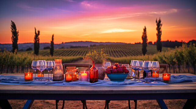 An exquisite image of an outdoor wine tasting event set against the backdrop of a stunning vineyard at sunset