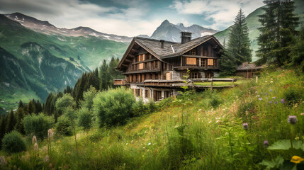 Fototapeta na wymiar A tranquil image of a rustic, luxurious mountain chalet nestled among picturesque peaks, providing a peaceful escape