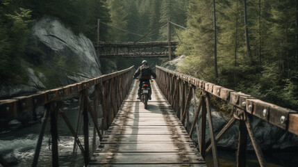 A motorcyclist crossing a suspension bridge Generative AI - obrazy, fototapety, plakaty