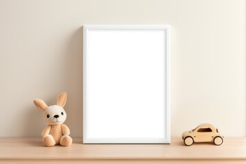 wood frame mockup canvas in nursery room with teddy bear plush toy and wooden car, A4 transparent placeholder space, generative ai template