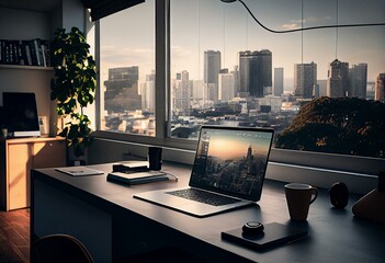 Office interior with laptop on desk, panoramic window on city view. Generative AI