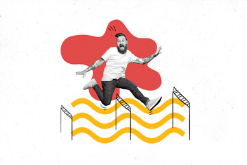 Collage 3d pinup pop retro sketch image of excited impressed guy jumping obstacles isolated painting background