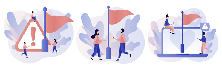 Red flag warning. Attention or alert for threat in relationships, partnership, business. Metaphor problem, trouble and difficulty. Modern flat cartoon style. Vector illustration on white background