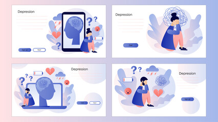 Depression mental. Mental health and psychotherapy concept. Anxiety, stress, psychological problems. Screen template for landing page, template, ui, web, mobile app, poster, banner, flyer. Vector 