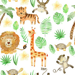 Watercolor seamless pattern with hand drawn animals. Exotic wallpaper for fabric, wrapping paper , etc