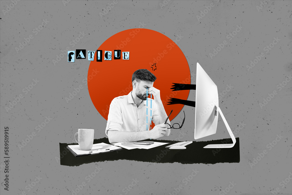 Poster 3d retro creative artwork template collage of stressed upset guy feeling tired working modern device isolated painting background