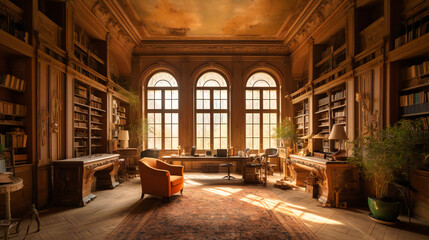 Fototapeta premium An extraordinary image of an exquisite library within a countryside manor, offering a serene and elegant retreat for bibliophiles