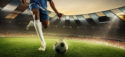 Kicking the ball. Dynamic collage with football player in action at stadium during football match over 3D model of stadium. Concept of sport, active lifestyle, team game, energy, achievements, art, ad