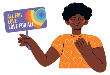 Happy African American man with a poster love for all. Vector flat minimalist illustration with pride month people