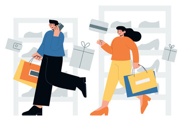 People shopping in a store with bags, gifts and credit cards. Store application. Buy and sell goods in web. Flat vector minimalist illustrations
