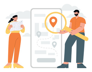 People use navigation application on smartphone with glass lens. Flat vector minimalist illustration with route, map and location marker