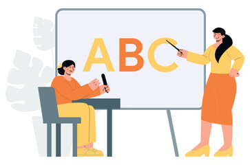 Teacher and a child in school class. Learning and reading school. Knowledge and information. Flat vector minimalist illustrations