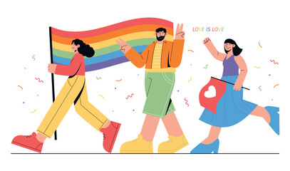 People walking on a pride month parade with rainbow flag. Vector flat minimalist illustration with pride month people