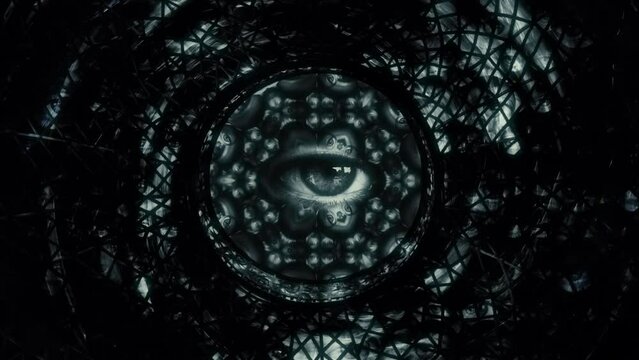Creepy Eyes Cage Dark Mandala Monochrome Motion Background. Strange eyes staring inside a dark mandala cage, weird motion background. Zoom In