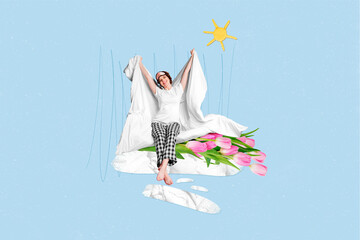 Collage 3d pinup pop retro sketch image of happy smiling lady waking up stretching getting flowers...