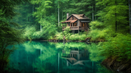 Fototapeta premium A captivating image of a secluded cabin situated on the shores of a tranquil lake, providing a serene and luxurious escape in nature
