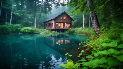 Fototapeta premium A captivating image of a secluded cabin situated on the shores of a tranquil lake, providing a serene and luxurious escape in nature