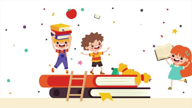 Cartoon Animation Of Children Playing With Books