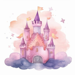 Pink Watercolor Castle Isolated. Illustration AI Generative.