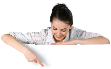 Happy smiling young  woman showing blank signboard, isolated on white background