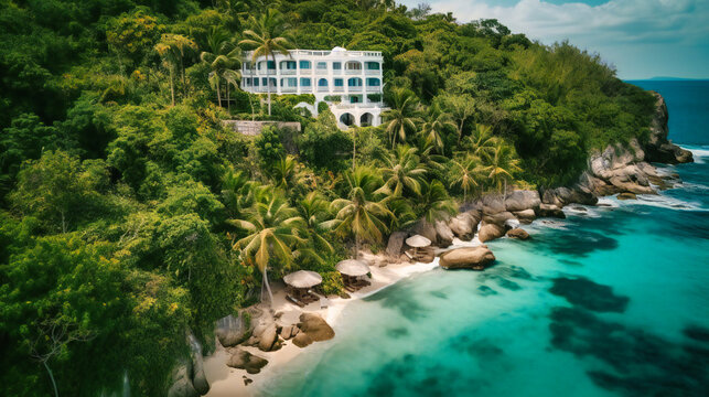 An enchanting image of a luxurious boutique hotel nestled in a secluded oceanfront location, exuding a sense of privacy and exclusivity