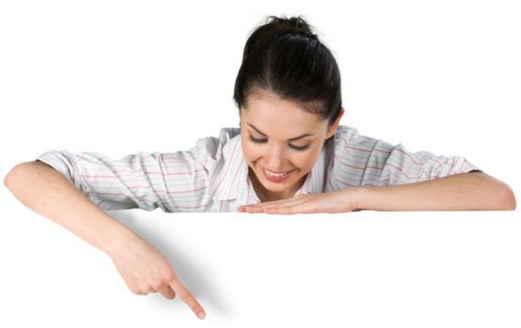 Happy smiling young  woman showing blank signboard, isolated on white background - Powered by Adobe