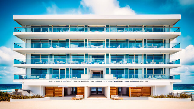 A striking image of a modern beachfront boutique hotel, exuding elegance and sophistication with its clean lines and breathtaking ocean views